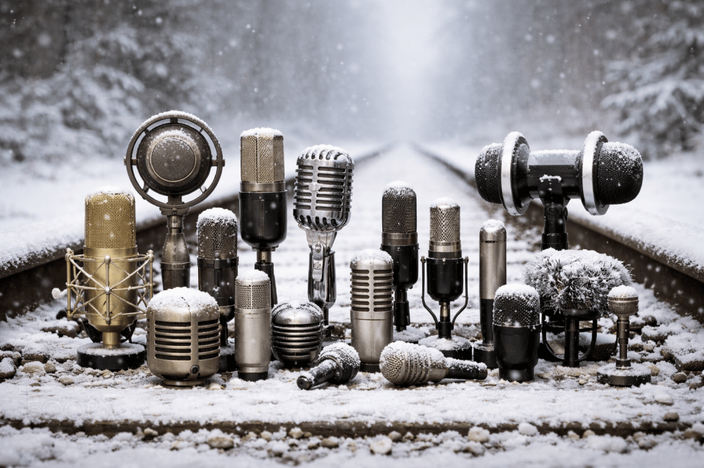 Collection of microphones on snowy railroad tracks representing different microphone polar patterns used in live sound.