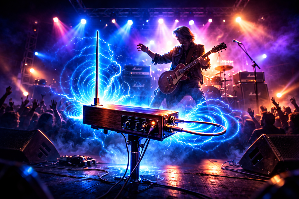 Theremin on a live concert stage surrounded by glowing electric waves and colorful stage lighting