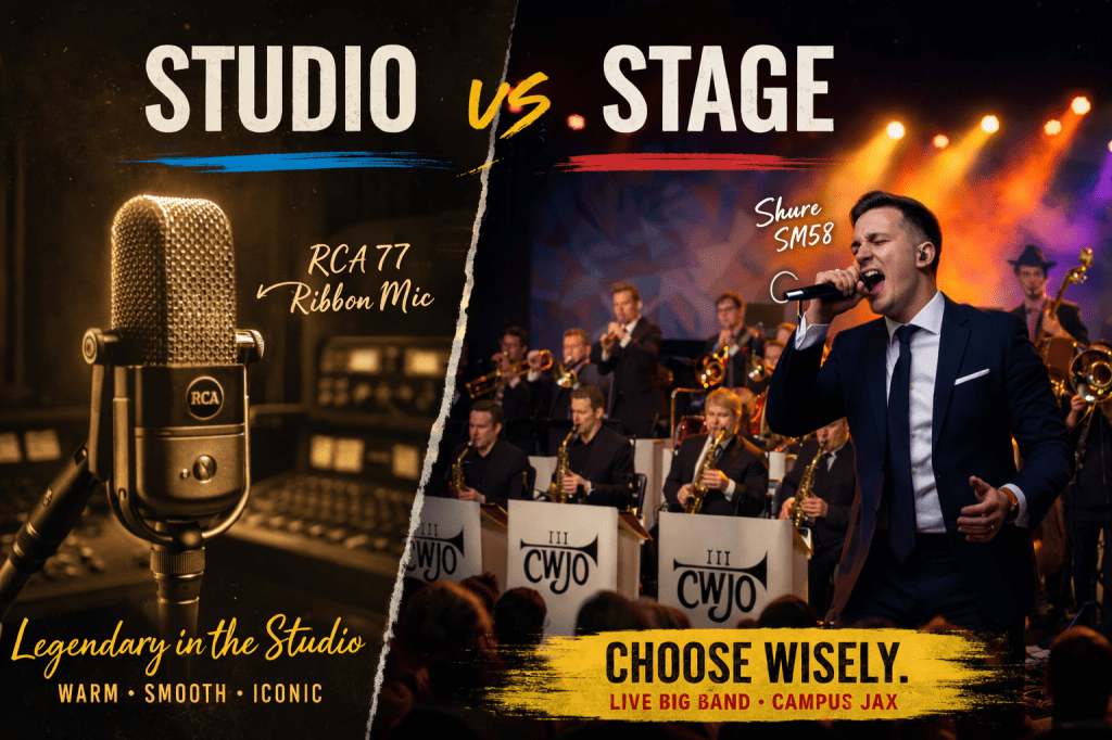 Split image showing a vintage RCA 77 ribbon microphone in a studio on the left and a big band singer performing live with a Shure SM58 on stage on the right, highlighting the contrast between studio and live sound environments.