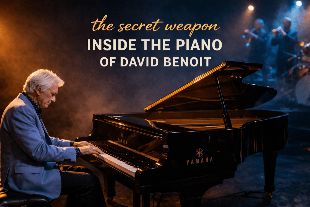 David Benoit playing a Yamaha grand piano with the lid on short stick during a live jazz performance under warm and cool stage lighting