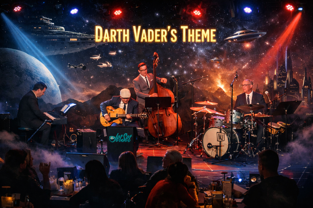 Jazz band performing live with a sci-fi space backdrop inspired by Darth Vader’s theme, featuring piano, guitar, upright bass, and drums on stage