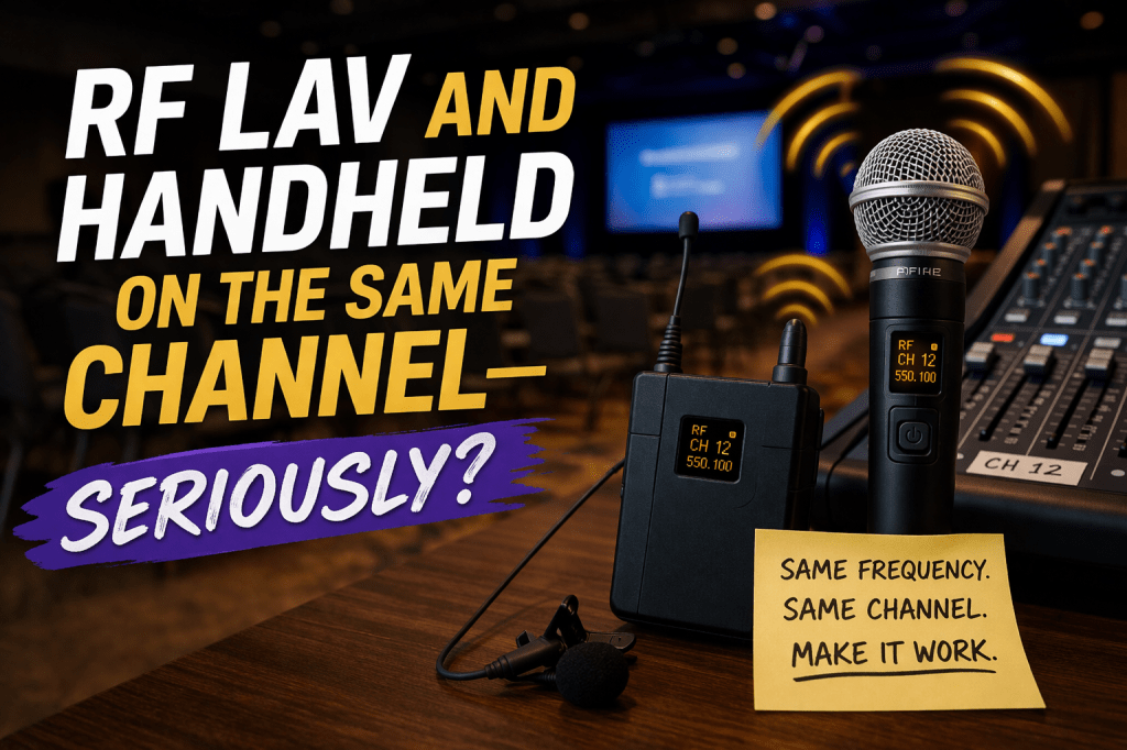 Wireless lavalier and handheld microphone sharing the same RF frequency on a mixer channel in a corporate audio setup