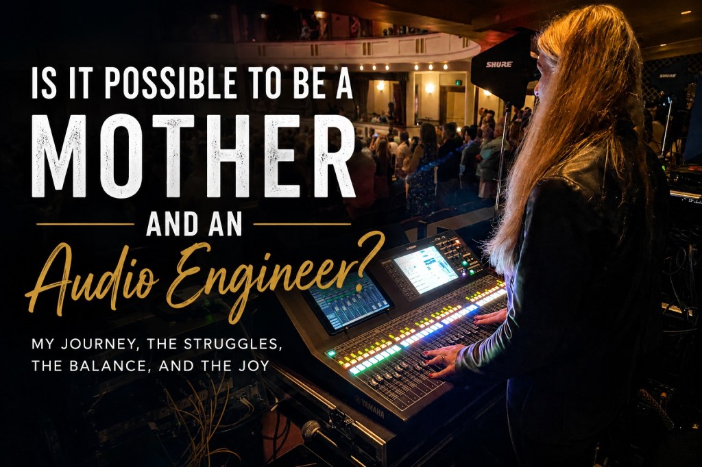 Female audio engineer mixing live sound on a digital console in a crowded concert venue with audience in the background and blog title overlay