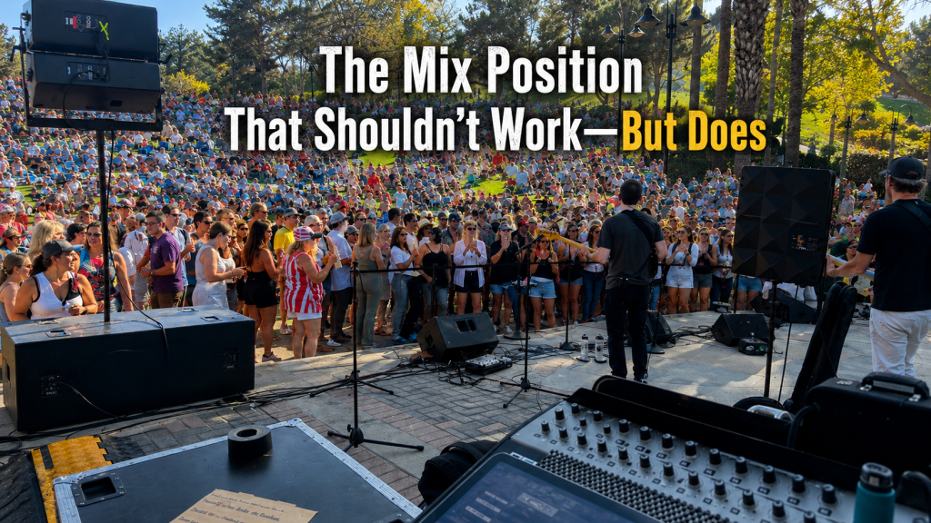 Live sound engineer mixing from behind the main PA at the City of Aliso Viejo Summer Concert Series, demonstrating an alternative front-of-house mixing position while a large outdoor audience enjoys the performance.