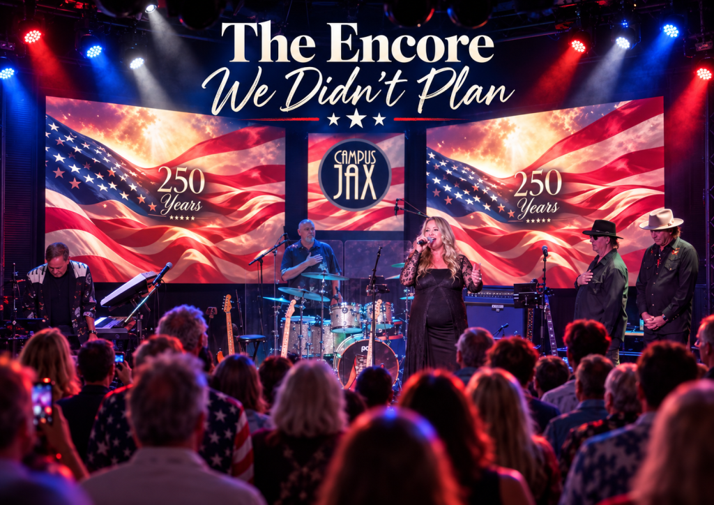 Lead singer performing the national anthem onstage at Campus JAX as the audience stands, with American flags displayed on large video screens and patriotic red, white, and blue lighting filling the room.