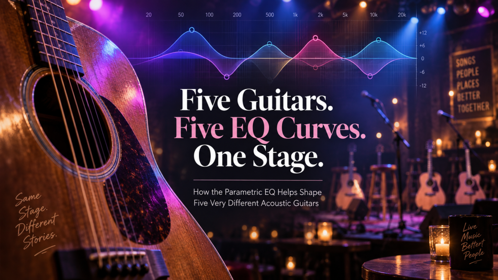 Acoustic guitar on a warmly lit stage with colorful parametric EQ curves illustrating how five guitars can require five different EQ settings.